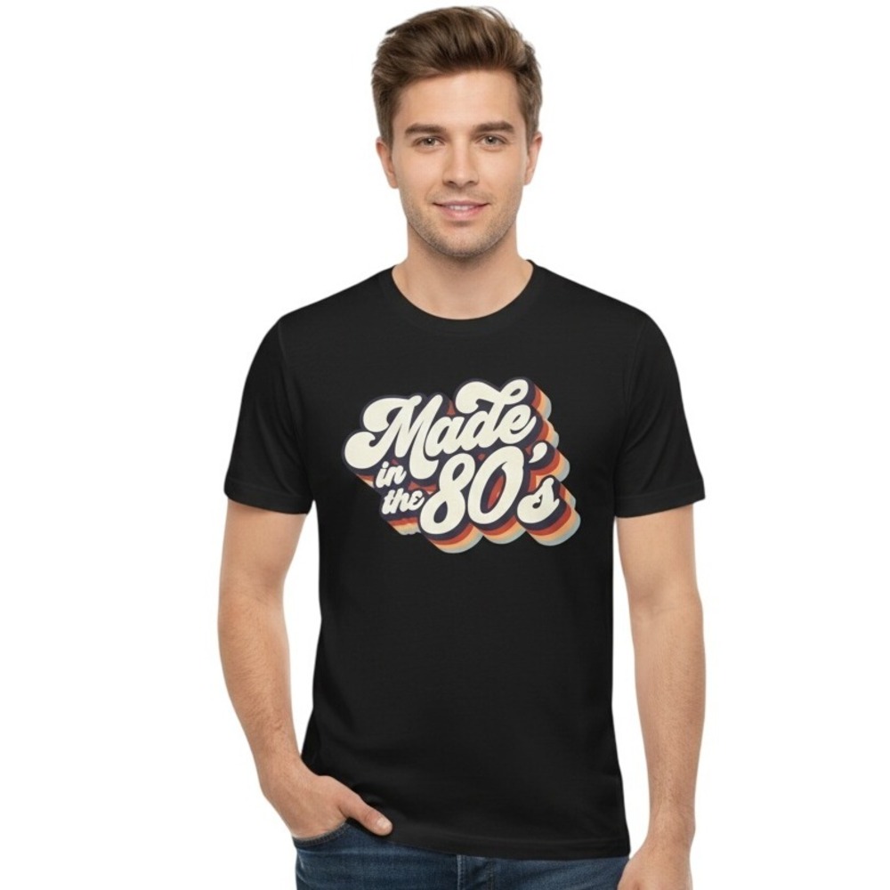 Black Graphic T-Shirt Mens Made In The 80s Short Sleeve Crew Neck Retro Tee‎ M